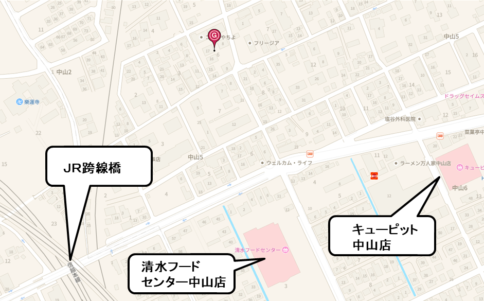 新潟市東区中山2丁目：サンライズナカヤマ・シェリールⅠ.Ⅱ、コーポ居前、コーポやちよ、戸建　地図